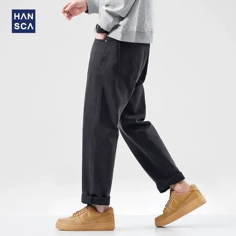 hansca墨灰宽松直筒牛仔裤男2024年秋季新款复古水洗保暖微锥长裤商品大图
