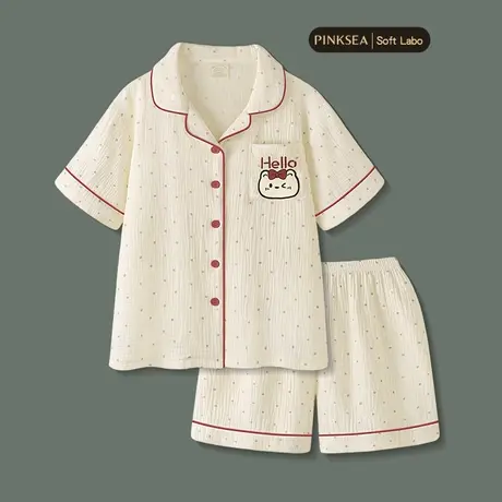 睡衣女款夏季纯棉棉纱短袖短裤女士套装2025新款可爱猫咪家居服图片
