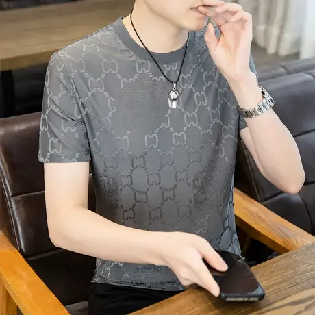 2025夏季新款男士冰丝短袖T恤衫潮流休闲速干半袖体恤欧版打底衫图片