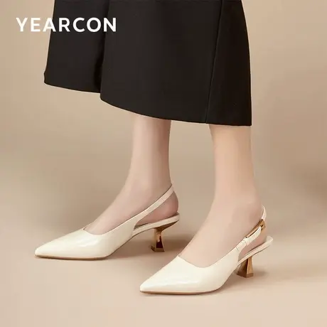 意尔康女鞋2025新款夏季包头凉鞋女尖头玛丽珍小皮鞋后空高跟细跟图片