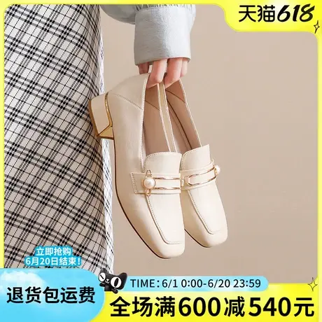 大东女鞋2025新款春季女单鞋法式方头乐福鞋粗跟英伦风套脚小皮鞋图片