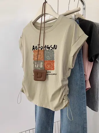 多巴胺不规则短款正肩短袖T恤女美式复古修身显瘦ins潮抽绳上衣夏商品大图