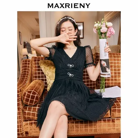 【奥莱】MAXRIENY复古V领公主裙秋季波点连衣裙短袖小黑裙显瘦A字图片