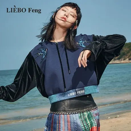 裂帛LIEBOFeng原创设计ins简约宝石蓝百搭刺绣蝙蝠袖连帽套头卫衣图片