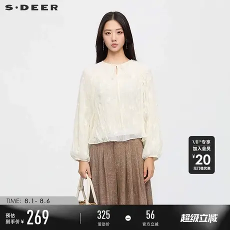 sdeer圣迪奥女装25新品复古系带圆领绣花插肩袖上衣S253Z3206图片