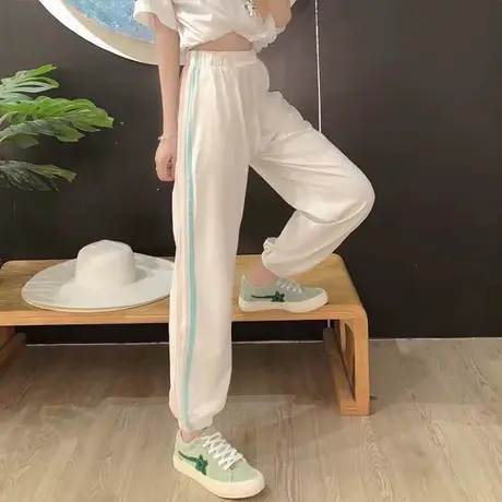 白色运动裤女2021新款夏季薄款宽松显瘦百搭阔腿九分休闲裤潮ins商品大图
