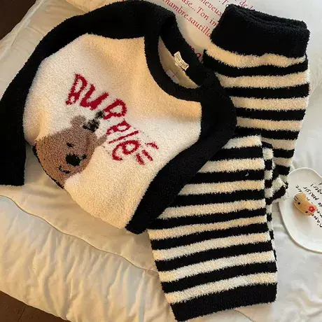 新品！黑白撞色小熊秋冬加厚半边绒套装睡衣柔软可爱少女家居服商品大图
