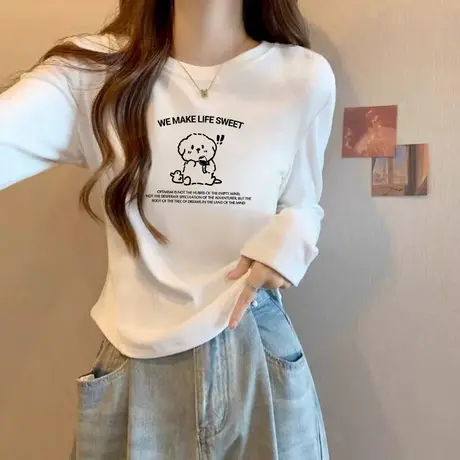 秋冬磨毛德绒T恤女2025新款短款显瘦正肩内搭加绒长袖打底衫上衣商品大图