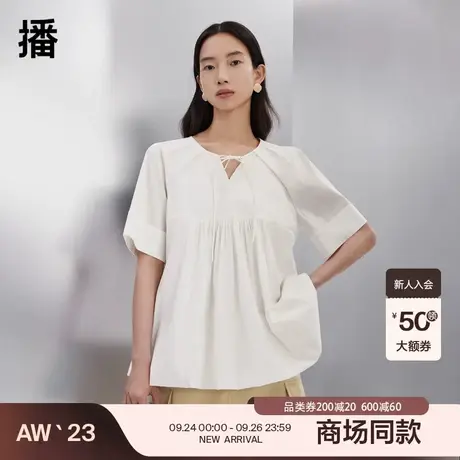 播商场同款2023秋圆领系带肩部唯美细褶花式衬衫女BDQ3HD0594商品大图