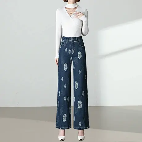 印花九分阔腿牛仔裤女2025春秋新款高腰宽松垂感显瘦小个子直筒裤商品大图