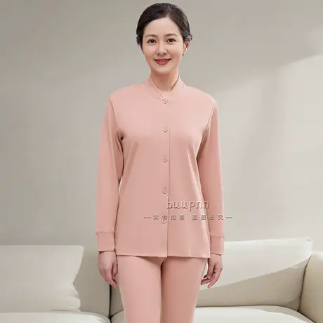 中老年长袖立领秋衣套装女纯棉前开扣打底棉毛衫秋冬商品大图