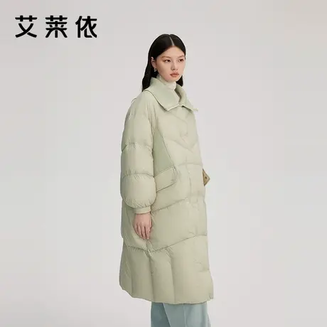 艾莱依长款羽绒服新款针织拼接翻领大衣简约时尚保暖百搭通勤外套图片