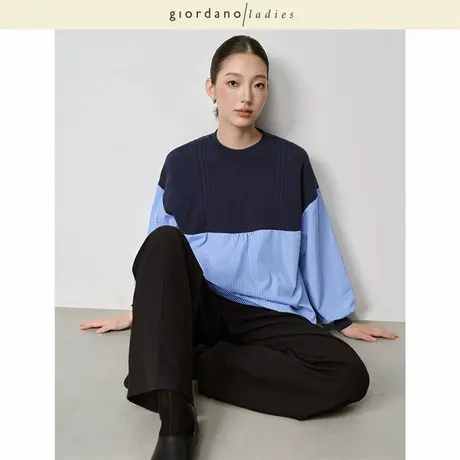 GL秋冬新款针织衫女拼接设计感宽松落肩圆领套头针织上衣02355519商品大图