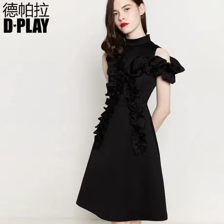DPLAY德帕拉春欧美黑色木耳边露肩收腰A字短款小黑裙商品大图