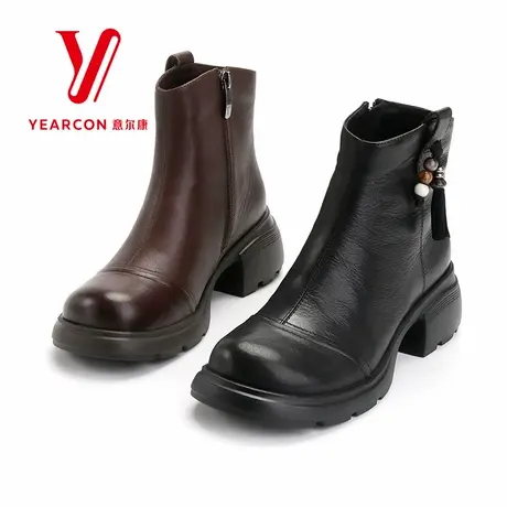 意尔康女靴2025新款秋冬季真皮短靴女粗跟加绒靴子高跟时装短筒靴图片