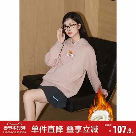 唐狮秋冬新款女小熊印花加绒连帽卫衣宽松型长袖休闲套头上衣商品大图