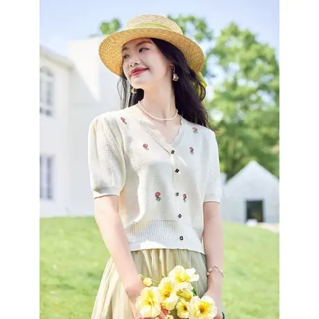 时尚气质温柔淑女短袖针织衫女士2023年夏季新款减龄绣花小众上衣商品大图