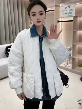 设计感小众宽松牛仔拼接菱格假两件女2023新款休闲百搭棉衣外套女商品大图
