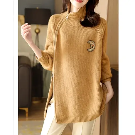 宝诗黎新款高领亮片慵懒毛衣女中长款侧边拉链针织衫秋冬别致上衣图片