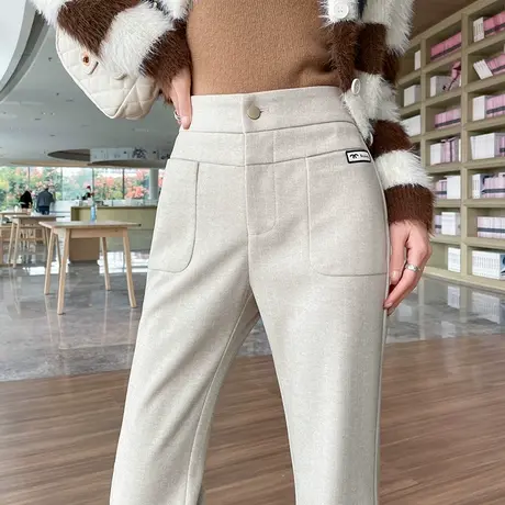 加绒毛呢阔腿裤女冬季加厚保暖加厚羊绒喇叭高腰显瘦直筒微喇裤子图片