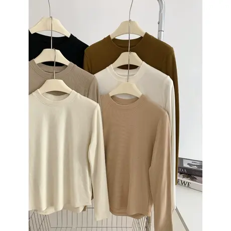 气质圆领打底衫女2023秋冬大弹力宽松显瘦小立领内搭长袖T恤上衣商品大图