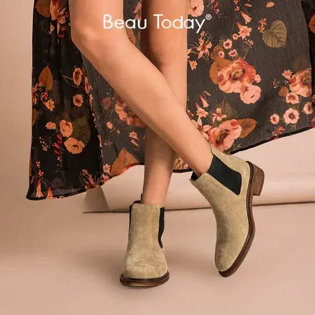 BeauToday真皮切尔西靴女2023新款法式厚底短靴秋季女磨砂皮女靴图片