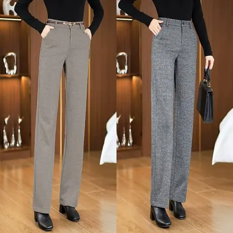 加厚窄版毛呢阔腿裤子女秋冬2023新款高腰显瘦宽松百搭西装直筒裤商品大图