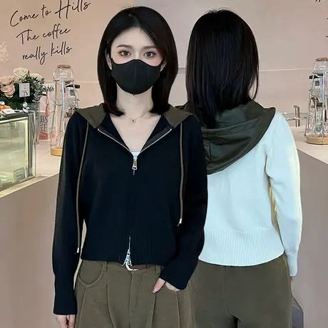 连帽毛衣女秋冬季2023慵懒风宽松显瘦百搭针织衫休闲拼接长袖上衣图片