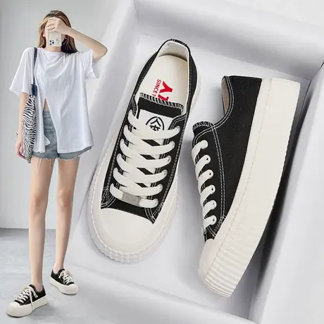 人本2023夏季新款帆布鞋女韩版潮流ins板鞋女复古拼色简约小白鞋商品大图