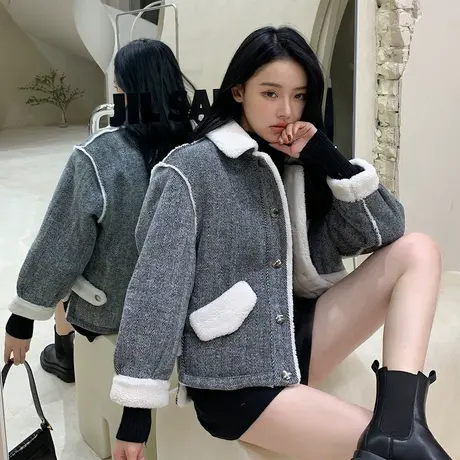 唐狮冬新款外套女毛呢外套格纹仿羊羔绒网红风ins潮韩版学生图片