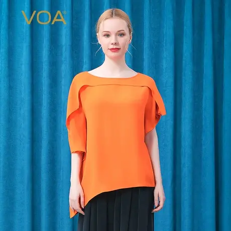 VOA重磅真丝橙黄色不规则盖肩荷叶蝙蝠中袖开叉斜摆桑蚕丝T恤图片