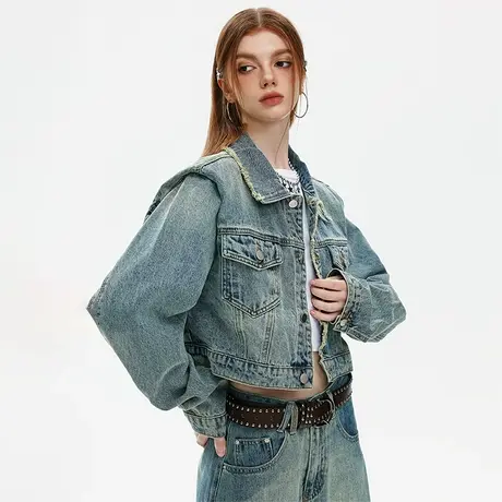 设计感短款牛仔外套女春秋2023新款街头潮牌复古修身小众夹克上衣商品大图