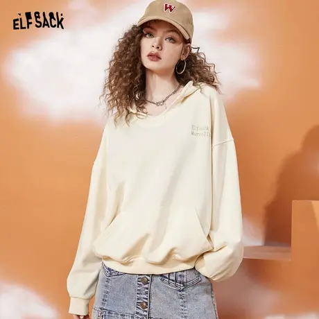 妖精的口袋白色中长款连帽卫衣女2023早春秋新款v领纯色宽松大码图片