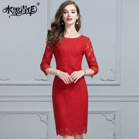 【1件7.9折】秋季新款性感后V镂空蕾丝七分袖修身显瘦连衣裙商品大图