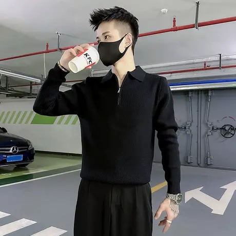 轻熟风翻领半拉链毛衣针织衫男冬季雅痞小众纯色OPOLO衫线衣外套商品大图