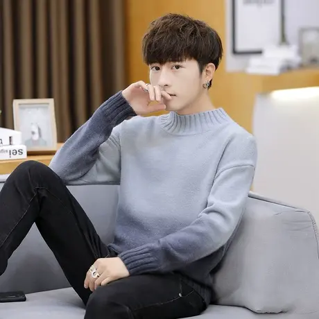 毛衣男半高领韩版秋冬季新款修身拼色休闲针织衫男士潮流学生毛衣商品大图