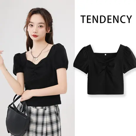 VR真维斯方领短款短袖t恤女夏季法式甜辣上衣2023新款小个子体恤V商品大图