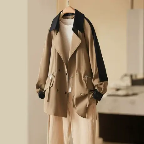 时尚气质风衣2023年秋季新款女士收腰宽松休闲百搭撞色翻领外套图片