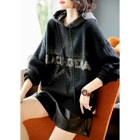 宝诗黎拼接连帽钉钻字母套头毛衣女落肩长袖2024新款春秋季针织衫商品大图