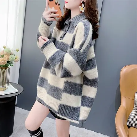 日系复古Polo领条纹毛衣女加厚2023秋冬新款宽松软糯百搭针织上衣图片