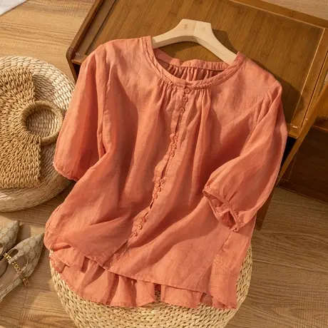 短袖苎麻上衣宽松文艺复古休闲棉麻小衫别致设计夏天薄款2022新款商品大图