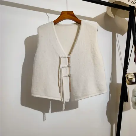 v领针织马甲开衫女春秋新款新中式纯色百搭无袖坎肩毛衣背心外穿商品大图