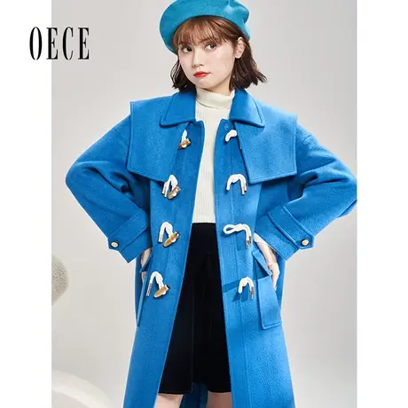 Oece复古牛角扣毛呢外套冬新款女气质中长呢大衣图片