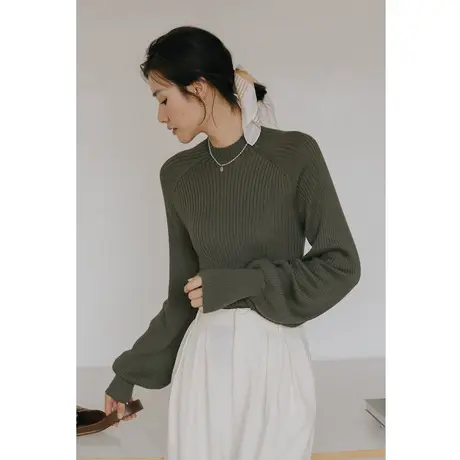 弥古法式灯笼袖毛衣灰色打底针织衫女秋冬气质高级感显瘦内搭上衣商品大图