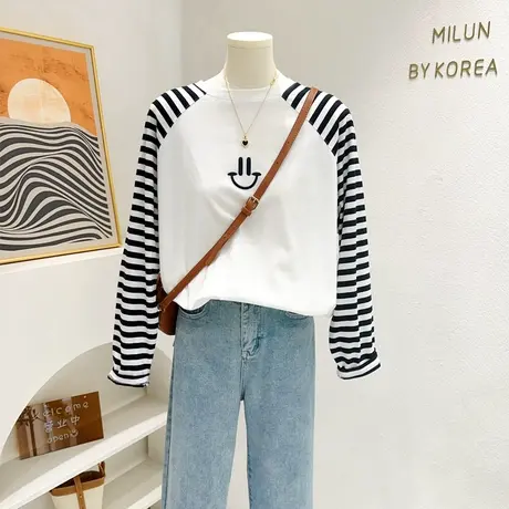 ins港味原宿风条纹拼接长袖T恤~2023秋季小众设计感微胖遮肉上衣商品大图