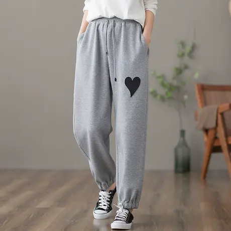 dza 文艺复古爱心休闲裤子女士春季新款宽松阔腿裤百搭哈伦运动裤图片