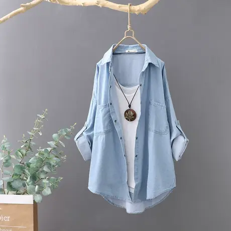 春季韩版港风宽松牛仔衬衣外套2024新款文艺宽松衬衫女长袖上衣潮商品大图