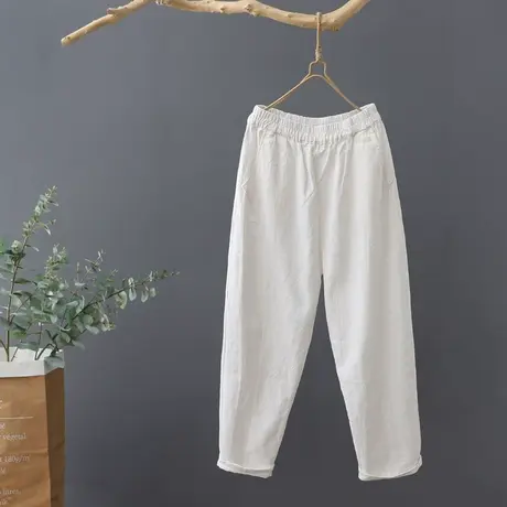2024秋季新款文艺范棉麻休闲裤子女装松紧腰亚麻哈伦裤九分裤长裤图片