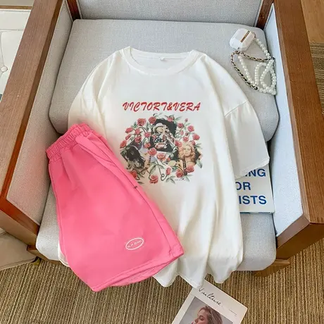 纯棉运动服套装跑步女夏季宽松短袖短裤小个子时尚洋气休闲两件套商品大图