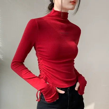 半高领磨毛打底衫女2025秋冬新品字母刺绣正肩套手指长袖T恤上衣图片